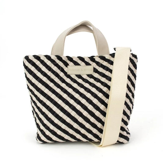Parker and Hyde Hampton Mini Woven Tote in black and cream diagonal stripe with cream handles, front view