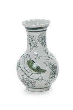 The Two's Company Green and White Chinoiserie Vase by Two's Company features a white ceramic body with a narrow neck, adorned with a green bird perched on a branch and delicate black floral designs. Reminiscent of classic porcelain chinoiserie vases, this charming piece makes an elegant addition to any collection of green and white vases.