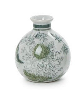 The Two's Company Green and White Chinoiserie Vase features a round ceramic shape with a narrow neck, adorned with hand-painted green and gray floral designs on a white background—ideal for anyone who appreciates unique green and white vases from the Two's Company brand.