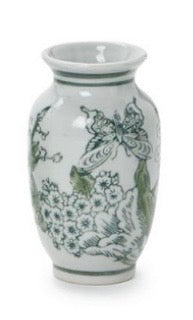 The Two's Company Green and White Chinoiserie Vase by Two's Company features a rounded body and a slender neck, adorned with elegant green floral and butterfly motifs on classic white ceramic. Inspired by traditional porcelain chinoiserie vases, this piece seamlessly combines timeless charm with classic elegance.