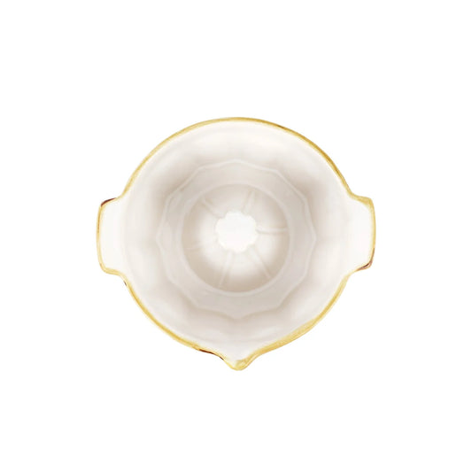Top view of the Vietri Italian Bakers White Bundt Pan—an elegant white and gold bakeware piece with scalloped edges and handles, expertly crafted from Italian stoneware by Vietri—set against a white background.