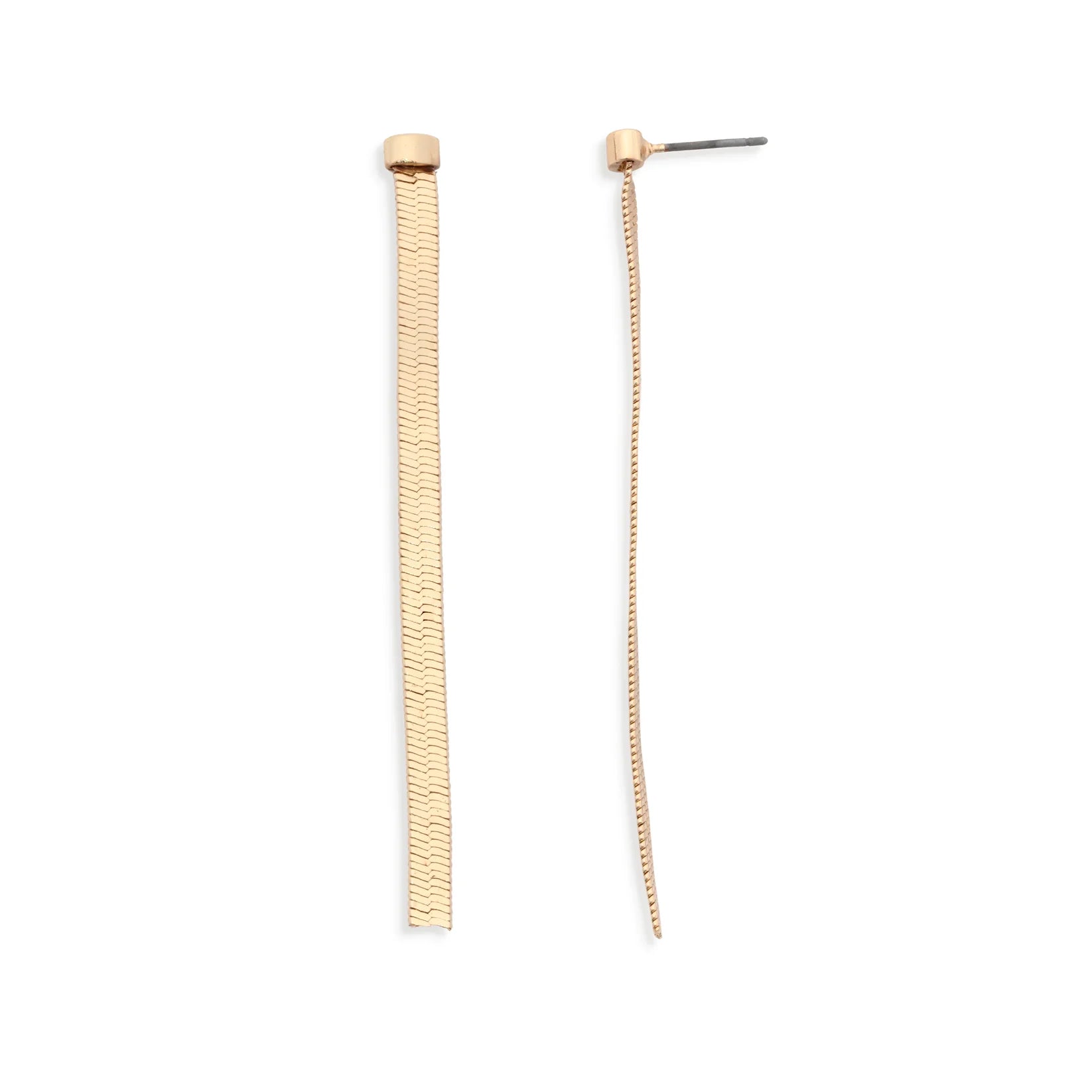 The Leslie Curtis Izzy Earrings by Leslie Curtis are displayed on a white background, with one earring shown from the front and the other from the side to showcase their thin, sleek, linear design reminiscent of a herringbone gold chain. These elegant, gold-toned drop earrings feature stylish stud post fastenings for secure wear.