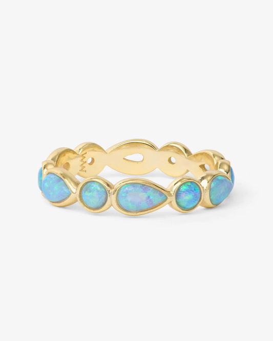 Melinda Maria Isla Ring in gold with blue opalite stones set in circular and teardrop bezels