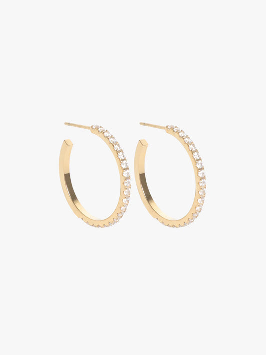 Marrin Costello Jay Hoops 1" Pave in gold with crystal detailing, front view
