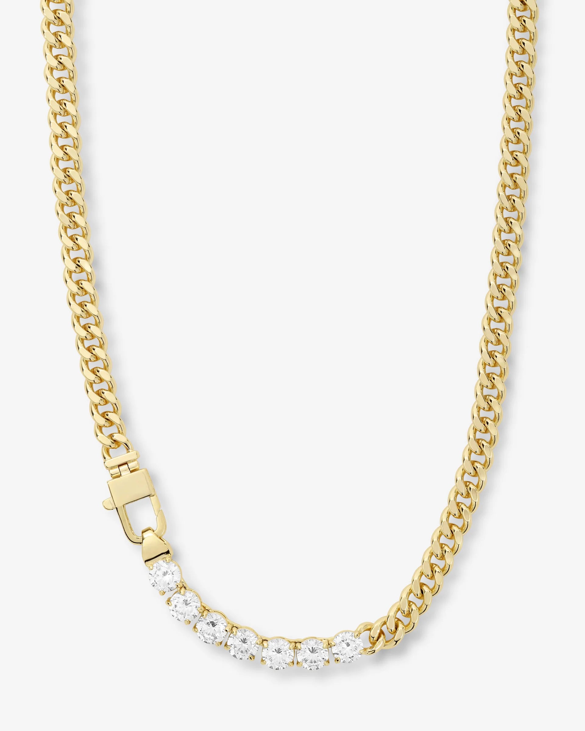 Introducing the Julian Loves Diamonds 16" Necklace by Melinda Maria—an elegant piece crafted from 18k gold-plated metal, adorned with a row of seven clear, round gemstones at the front and finished with a sleek side clasp.