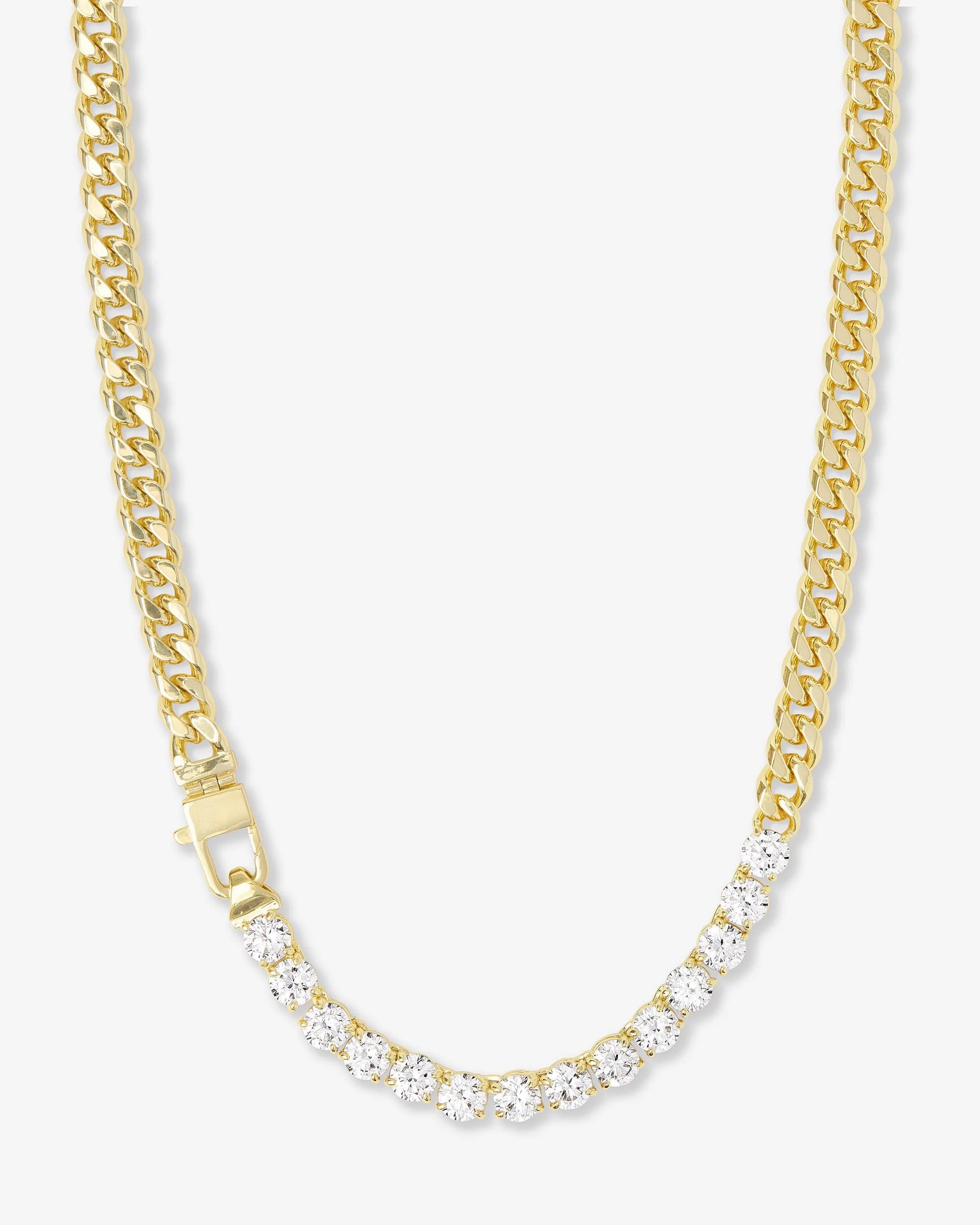 The Melinda Maria Julian Really Loves Diamonds Necklace 16" by Melinda Maria is a gold Cuban chain necklace with a clasp, featuring a front section adorned with round, clear simulated diamonds and finished in luxurious 18k gold plating.