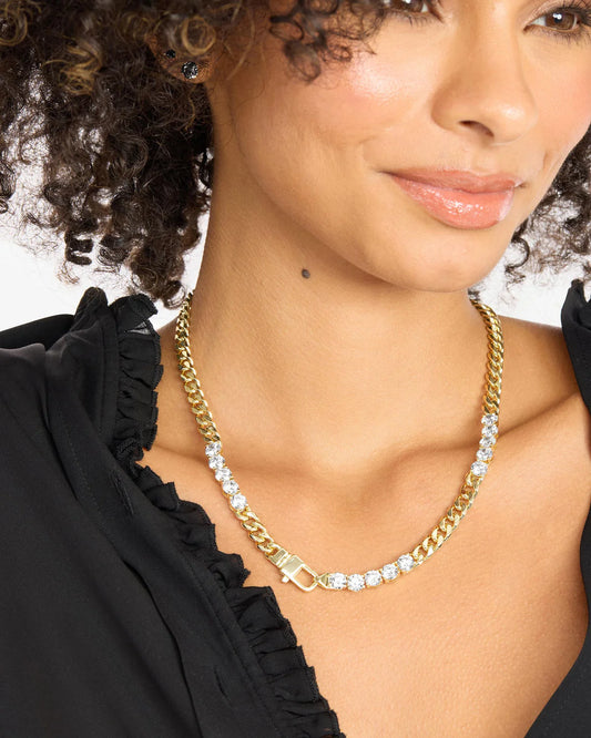 Melinda Maria Baby Julian Obsessed with Diamonds 18" necklace in gold and silver worn as layered piece