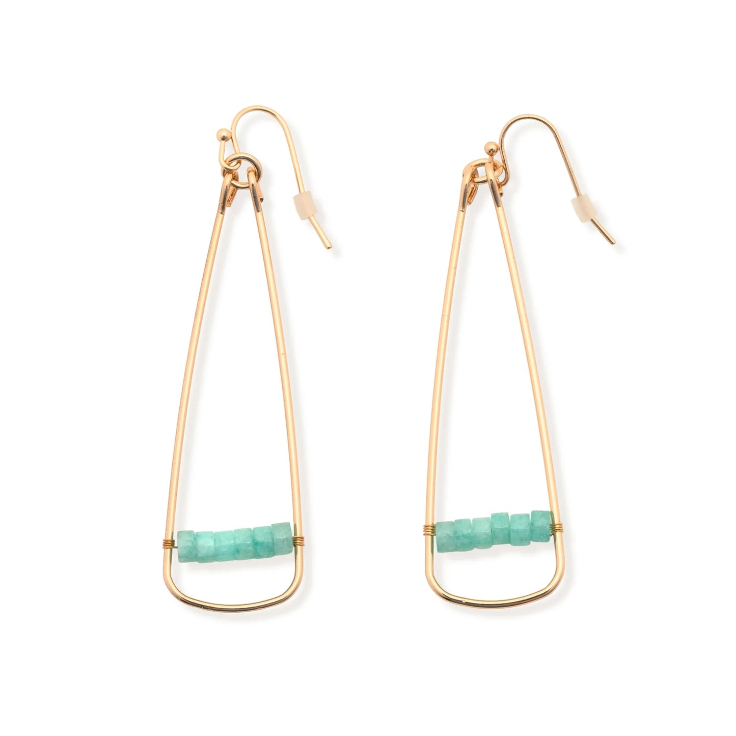 The Leslie Curtis "Katie" Earrings by Leslie Curtis are gold wire dangle earrings, each designed in an elongated triangle shape and adorned with a row of small turquoise beads along the bottom. These eye-catching 2.5-inch earrings feature 18k plated gold hooks and come with clear rubber stoppers for a secure fit.