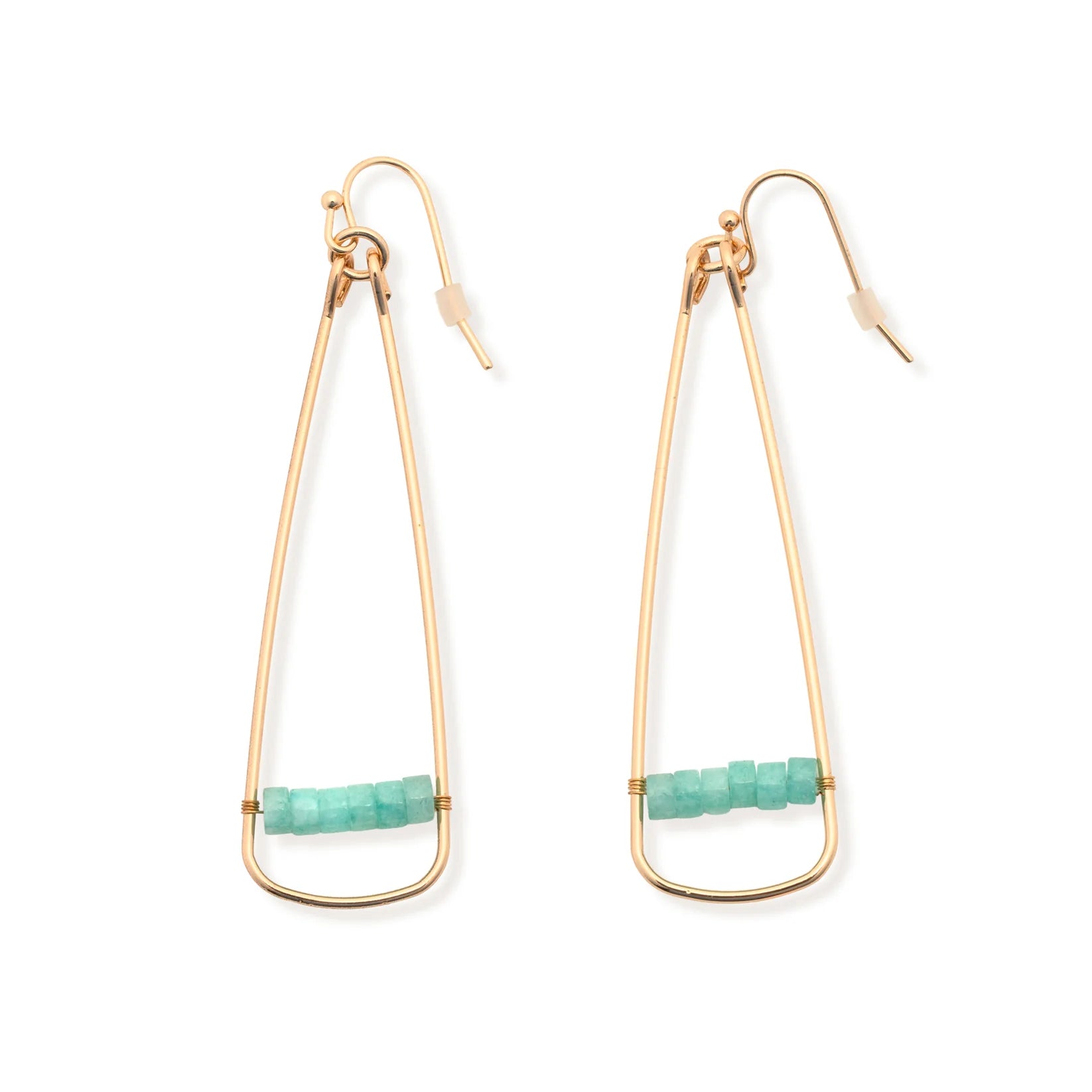 The Leslie Curtis "Katie" Earrings by Leslie Curtis are gold wire dangle earrings, each designed in an elongated triangle shape and adorned with a row of small turquoise beads along the bottom. These eye-catching 2.5-inch earrings feature 18k plated gold hooks and come with clear rubber stoppers for a secure fit.