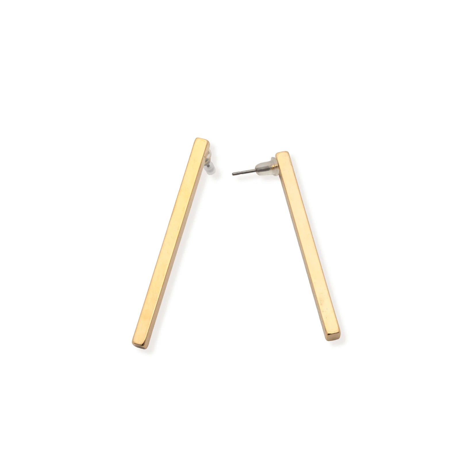 A pair of Leslie Curtis Lennon Earrings by Leslie Curtis are displayed on a white background, with one earring showing the post and the other lying flat to showcase their sleek, minimalist gold bar design.