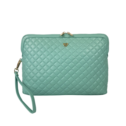 PurseN Litt Getaway Wristlet in teal quilted nylon with gold logo and detachable wrist strap