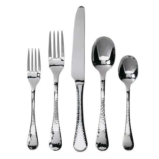 A set of five Ginkgo "Lafayette" Stainless Flatware utensils by Gingko—two forks, a knife, and two spoons with hammered handles—arranged side by side on a white background.