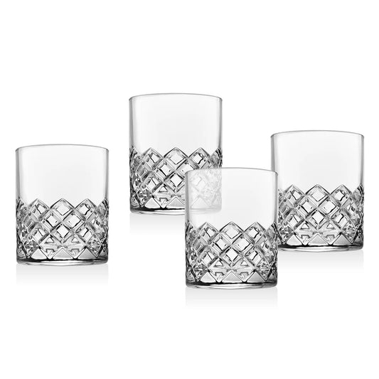 Set of four Godinger "Hatch" Double Old-Fashioned glasses from Godinger, each short and cylindrical with a diamond-patterned texture on the lower half, are arranged in a staggered group against a white background.