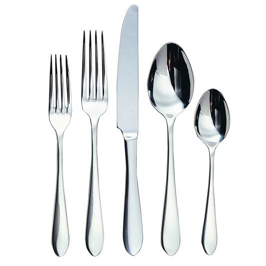 Five pieces of the Ginkgo "Linden" Stainless Flatware by Holmes Stationers and Gifts are displayed: two forks, a knife, a large spoon, and a small spoon, all neatly arranged side by side on a white background.