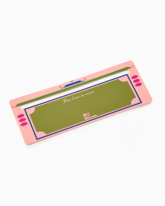 Oh My Mahjong coral pink line finder with olive green mahjong tile field and magenta details