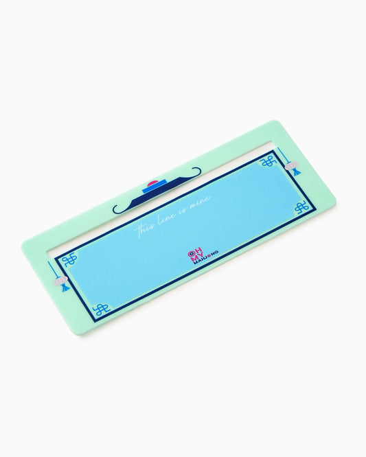 Oh My Mahjong mint green line finder with blue mahjong tile design and coordinating pusher