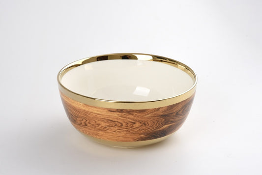 Pampa Bay large bowl with cream interior, wood-grain exterior, and polished brass rim