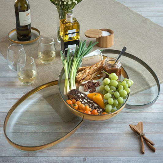 Annieglass Mod Large Oval Platter with gold and charcoal rims holding charcuterie and fresh fruit
