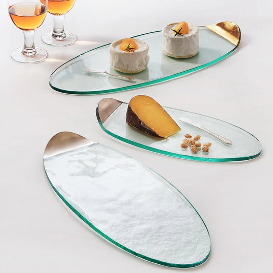 Annieglass Mod Cheese Board, three stackable clear glass ovals with white marble and gold accents