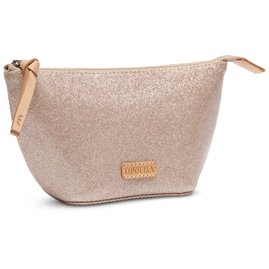 Consuela Medium Tool Kit in champagne glitter fabric with tan leather trim and brass nameplate