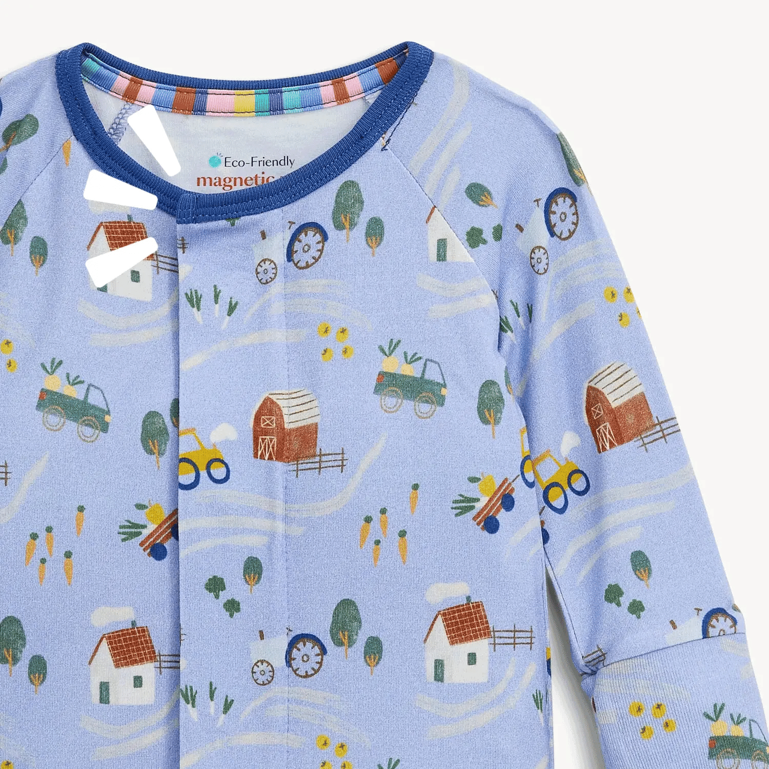 Introducing the Magnetic Me "Farm to Cradle" Magnetic Convertible Coverall, a light blue sustainable modal baby onesie from Magentic Me. Featuring delightful farm-themed prints including barns, tractors, trucks, trees, carrots, and houses, this coverall is designed with magnetic closures at the neckline and front for easy and fuss-free changes.