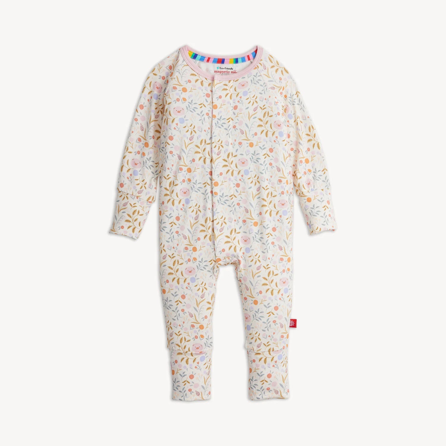 The Magnetic Me "Oinklet" Convertible Coverall by Magnetic Me features long sleeves and convenient snap buttons. Set against a white background, it showcases a vibrant floral pattern and is crafted from sustainable modal fabric. A multicolored striped trim at the collar adds an extra pop of color.