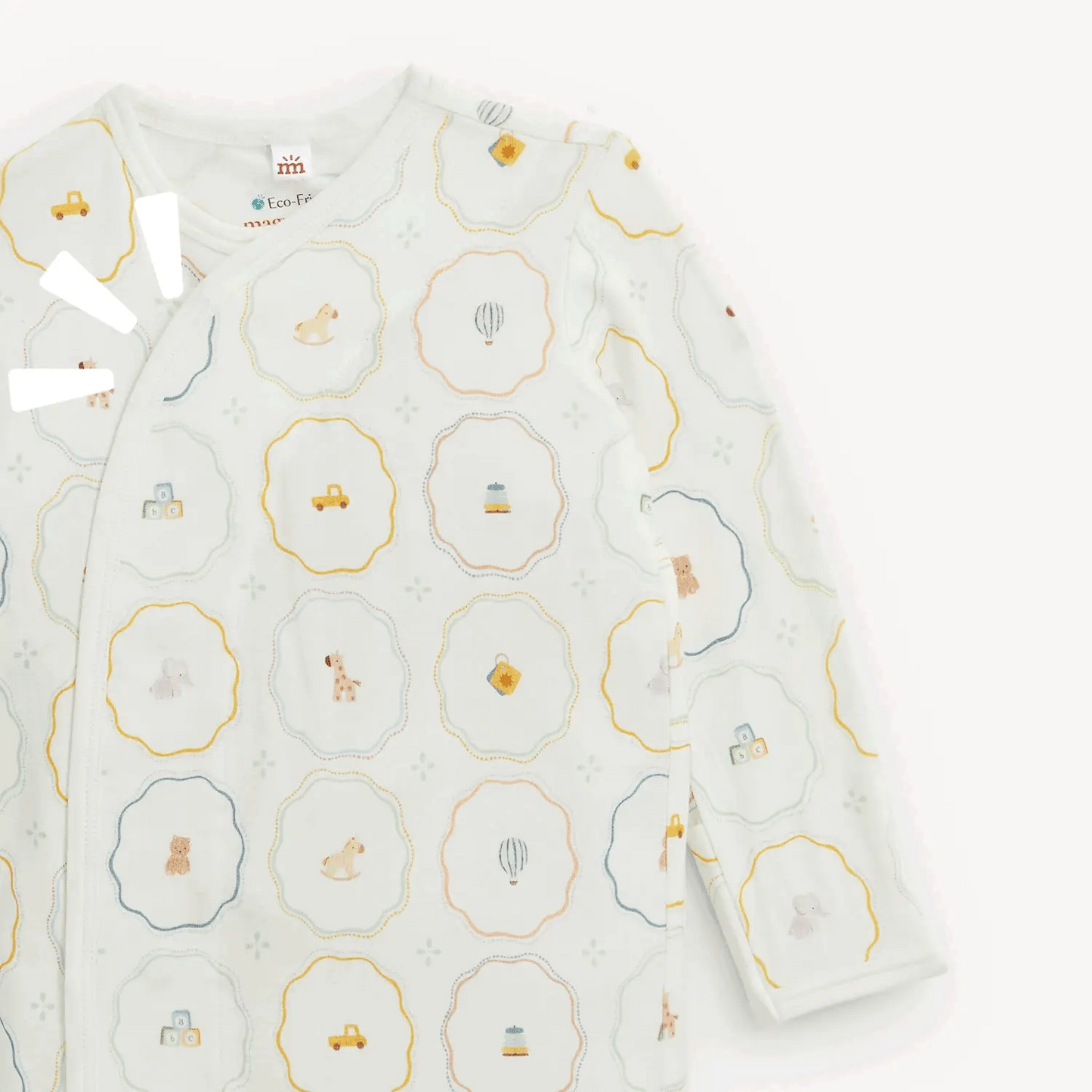 The Magnetic Me Nursery Magic Magnetic Gown & Hat Set by Magnetic Me is crafted from soft TENCEL™ modal and features a charming pastel animal and vehicle pattern on a white background, with convenient magnetic closures for easy changing.
