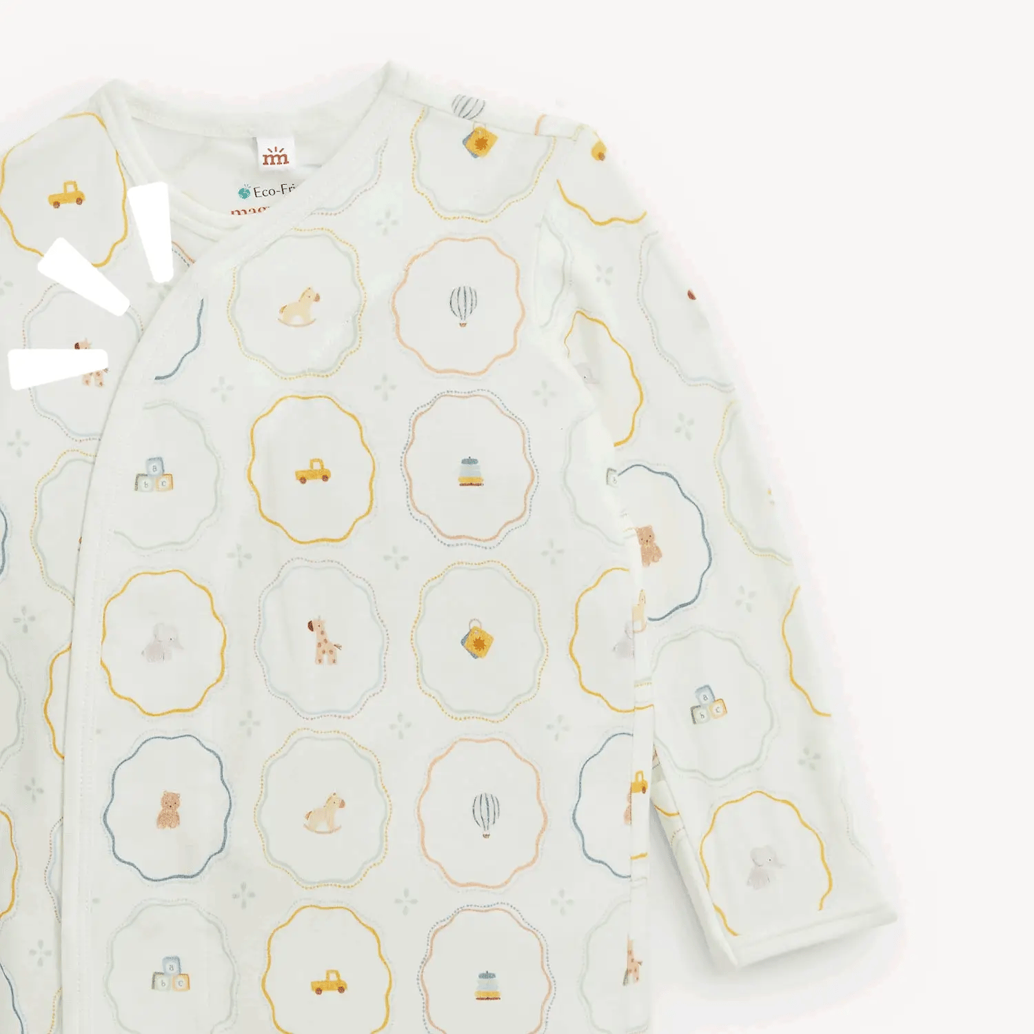 The Magnetic Me Nursery Magic Magnetic Gown & Hat Set by Magnetic Me is crafted from soft TENCEL™ modal and features a charming pastel animal and vehicle pattern on a white background, with convenient magnetic closures for easy changing.