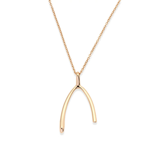 The Leslie Curtis Mila Necklace by Leslie Curtis is a delicate 16-inch gold fine chain necklace featuring a wishbone-shaped pendant.