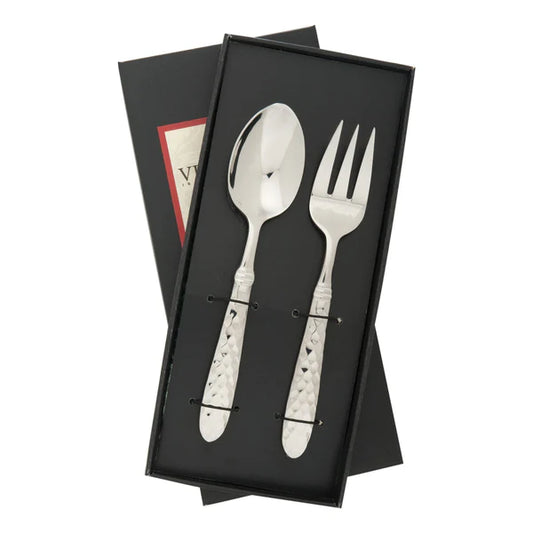 Vietri Martellato serving set with white spoon and fork featuring marbled handles in black gift box