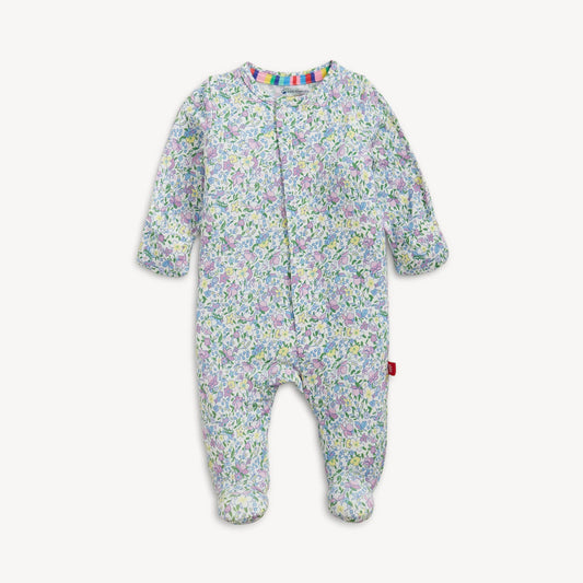 Magnetic Me Lavinia footie in purple, green, and blue ditsy floral print on white, full front view