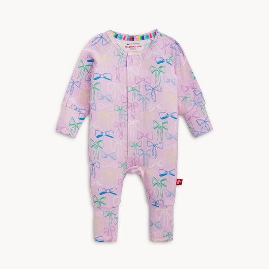 Magnetic Me Take A Bow Modal Convertible Coverall in lavender pink with colorful bow print