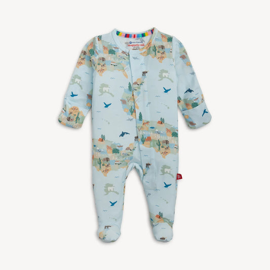 Magnetic Me America The Beautiful Footie in light blue with map and wildlife print, full front view with feet