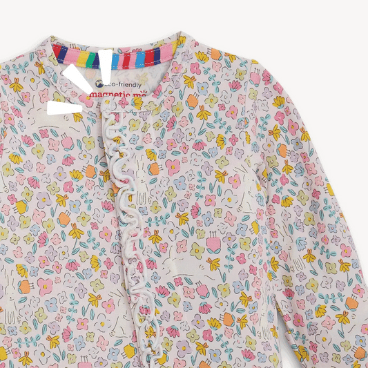 Magnetic Me Bunny Blossom Convertible Coverall back detail showing magnetic closures and rainbow neckline trim