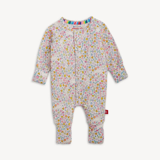 Magnetic Me Bunny Blossom Convertible Coverall with all-over colorful floral pattern, front view