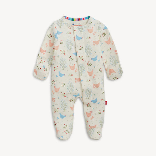 Magnetic Me Chicken Tender organic cotton footie in cream with pink chickens, blue birds, and green plants