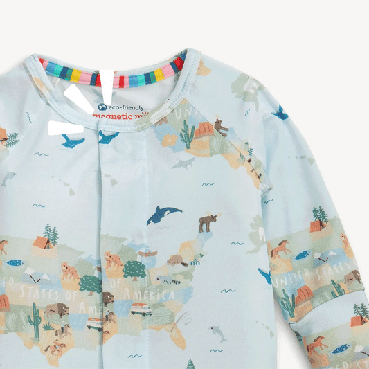 Magnetic Me America The Beautiful Footie light blue footie with US map and animals, close-up of neckline and upper body