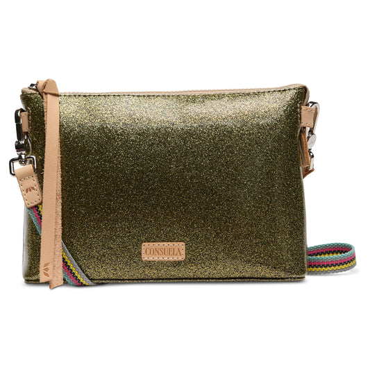 Consuela Midtown Oly crossbody bag in gold glitter with tan leather strap and multicolor woven trim