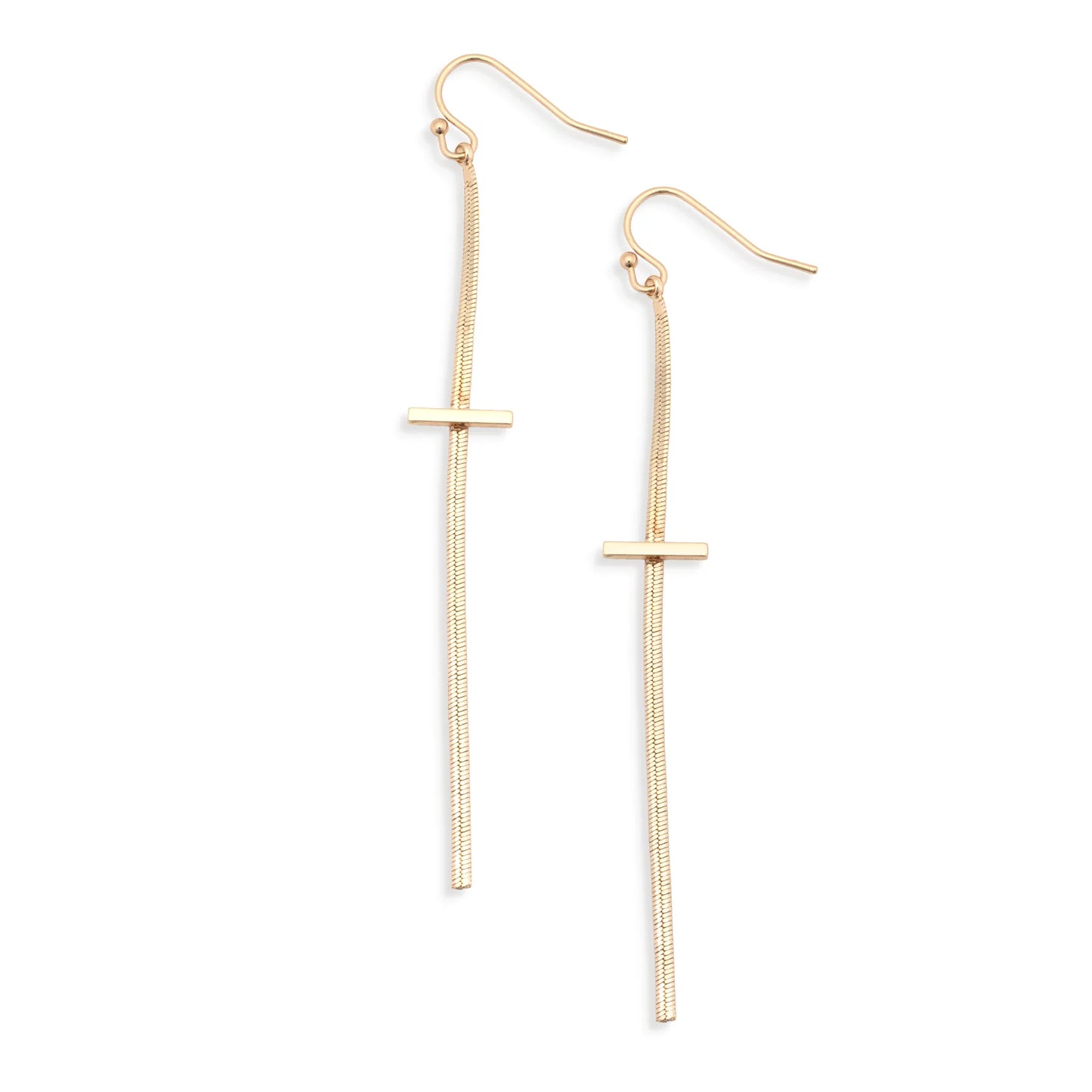 The Leslie Curtis Molly Earrings by Leslie Curtis feature a sleek gold-tone design with thin vertical bar pendants and a small horizontal bar near the top, finished with hook-style ear wires. Their dainty, minimalist style makes them perfect for everyday wear.