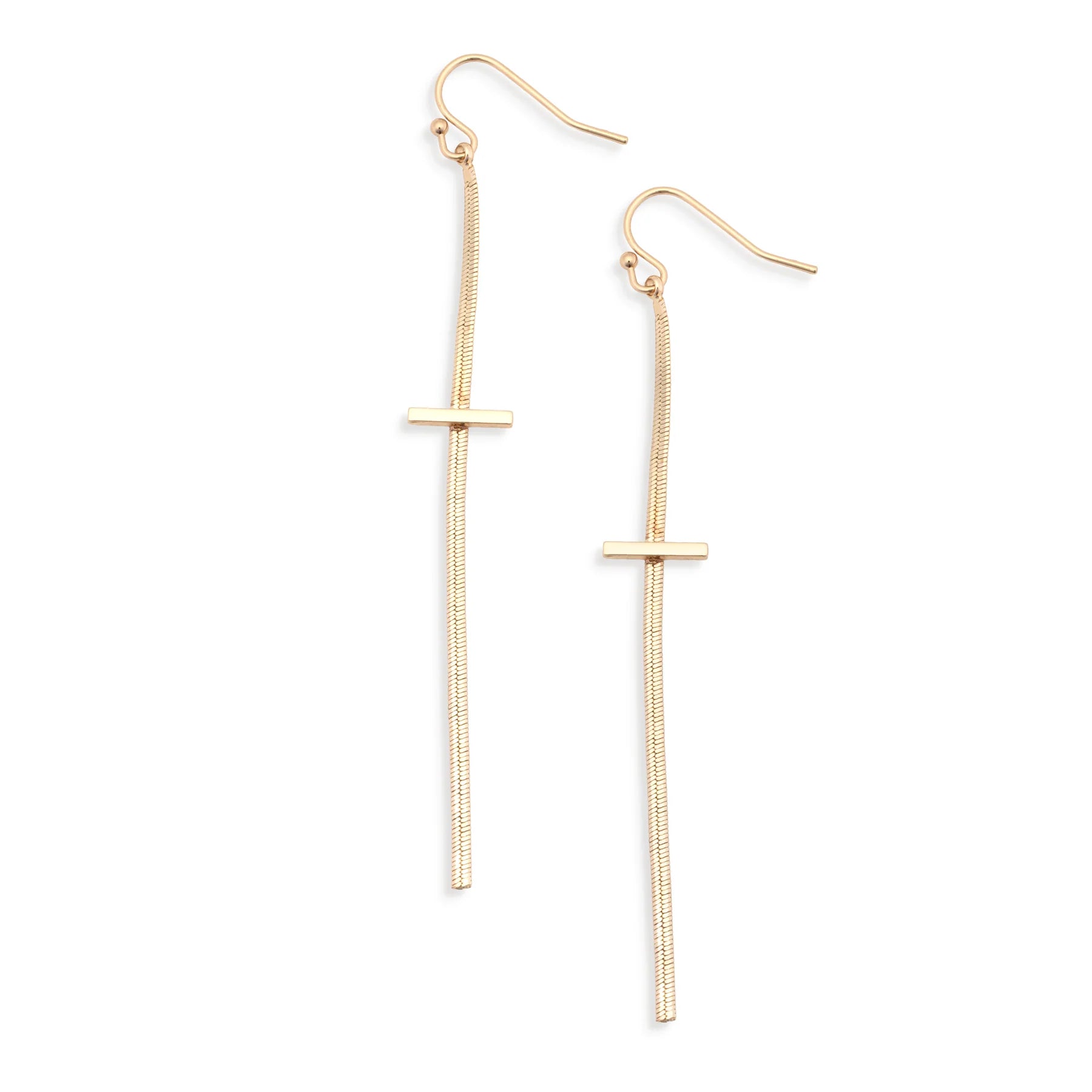 The Leslie Curtis Molly Earrings by Leslie Curtis feature a sleek gold-tone design with thin vertical bar pendants and a small horizontal bar near the top, finished with hook-style ear wires. Their dainty, minimalist style makes them perfect for everyday wear.