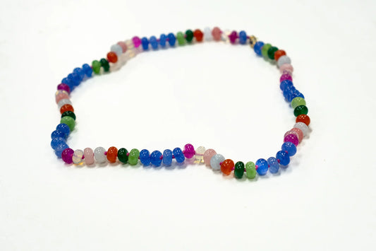 Coastal Grit Clearwater Beaded Necklace with bright rainbow gemstone beads including blue, pink, green, and amber