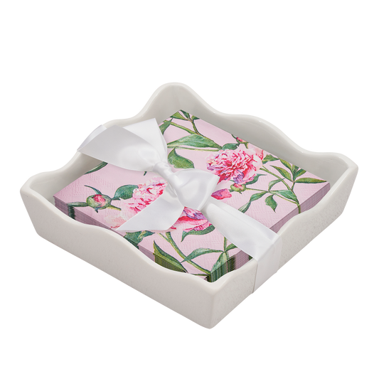 Sophistiplate Ceramic Wave Napkin Tray in cream with pink peony cocktail napkins and white ribbon