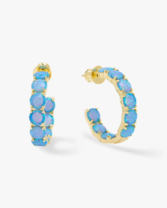 Melinda Maria Oh She Fancy Blue Opal Hoops in 14K gold with stacked round blue opal stones