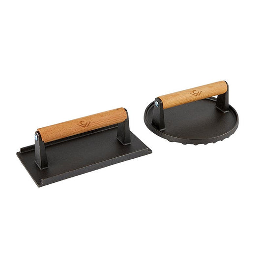Cole Wheeler cast iron burger press kit with wooden handles—one flat rectangular and one round burger press