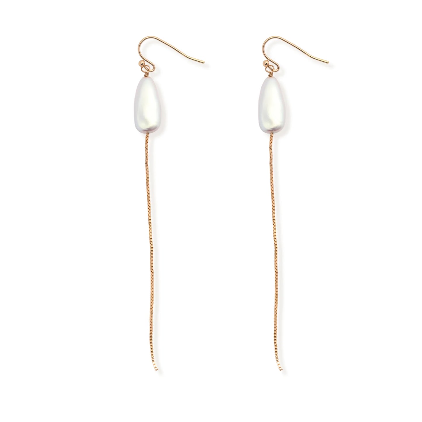 The Leslie Curtis "Pearl" Earrings by Leslie Curtis showcase elongated white pearls suspended from long, delicate gold chains and gold hooks, reminiscent of a matching pearl necklace, and are displayed on a white background.