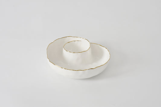 Pampa Bay round chip and dip server in cream with gold rim, center dip bowl and outer chip area