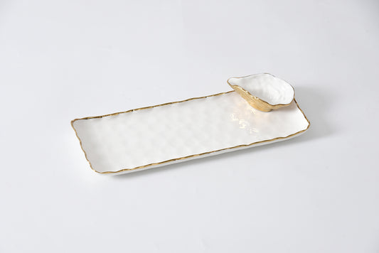 Pampa Bay Sushi Tray with Mini Oyster Bowl, white ceramic with gold trim