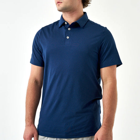 Burlebo Performance Polo in navy blue, front view with collar and button placket