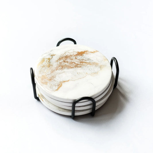 Lynn & Liana ceramic resin coaster set with cream and gold marbled top coaster, stacked base, and black metal holder