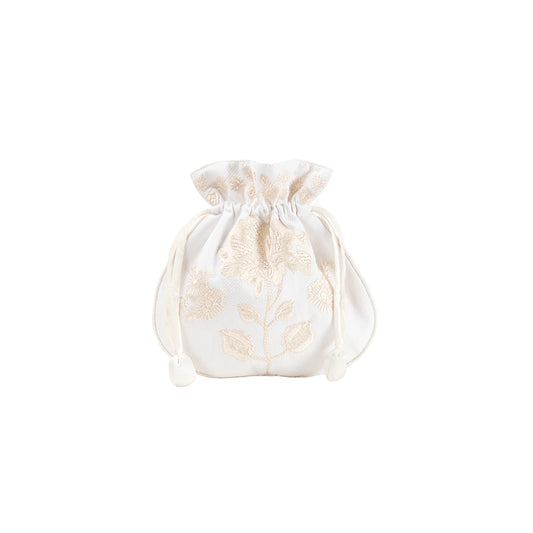 Lenora Peony jewelry pouch in ivory with embroidered peony design and drawstring closure